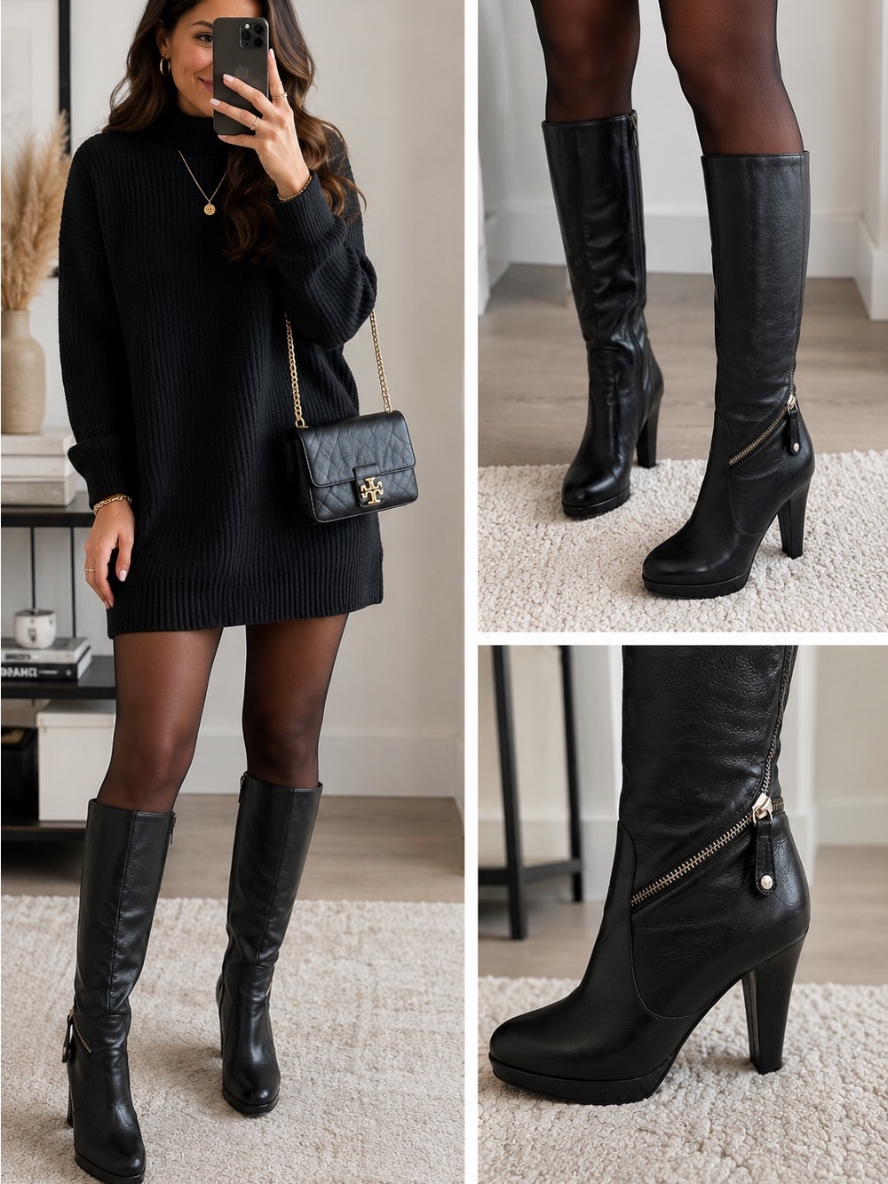 Karen Millen Black Knee-High Platform Heel Boots